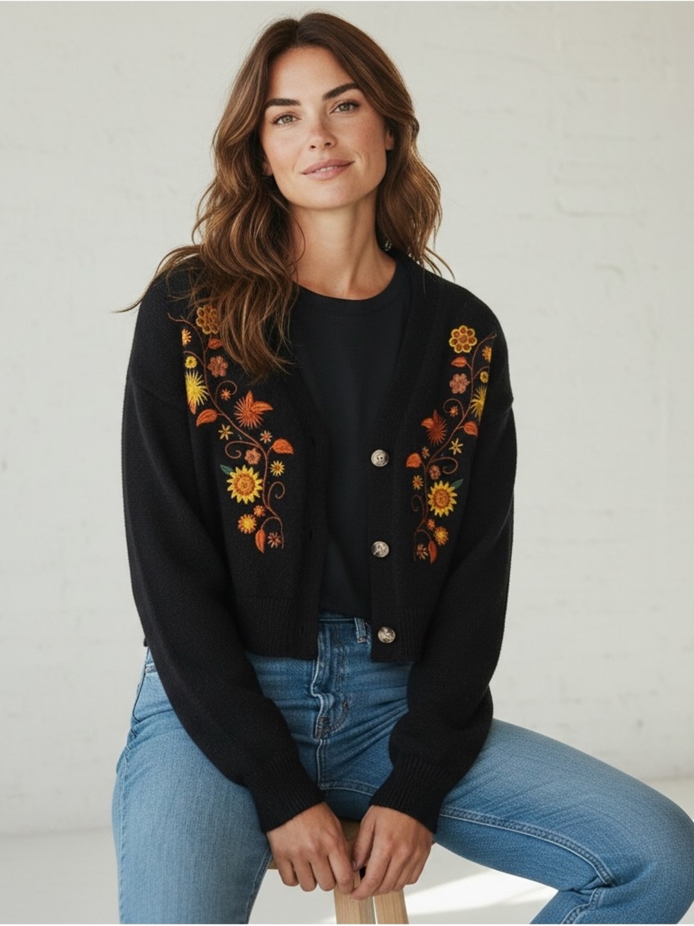 ROMWE Black Embroidered Floral Boho Cottagecore Cardigan Sweater Women’s L